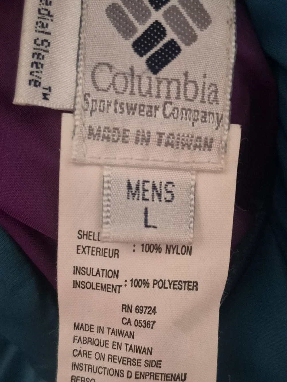 Vintage Columbia Reversible Puffer Jacket Mens L Purple Teal Made in Taiwan